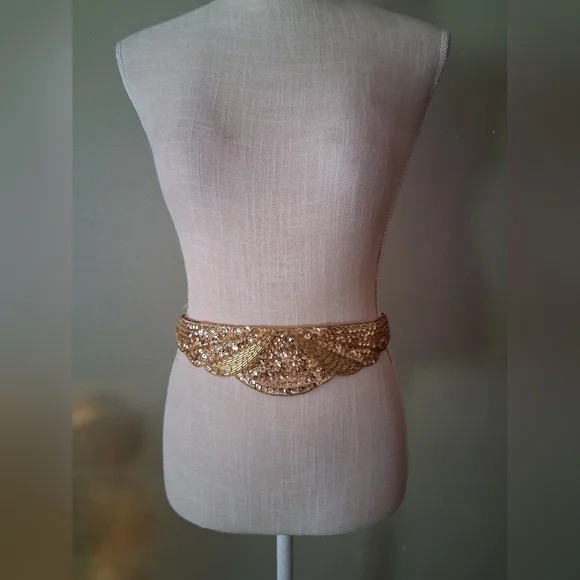 80s "Milor" Gold Sequin & Beaded Cummerbund Belt - Metallic Shades of Gold - Picture 4 of 9